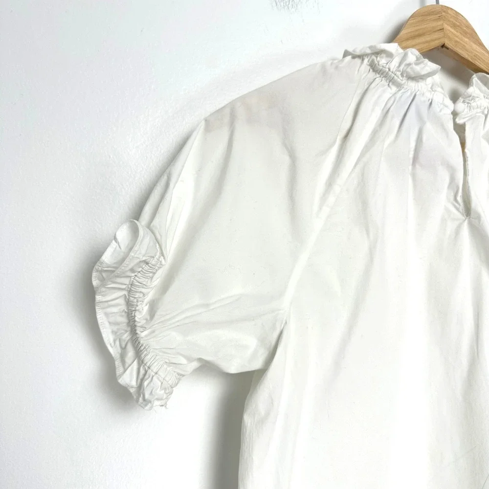 Hill House The Kit Top Puff Sleeve Ruffle Neck Blouse‎ Cotton White XS